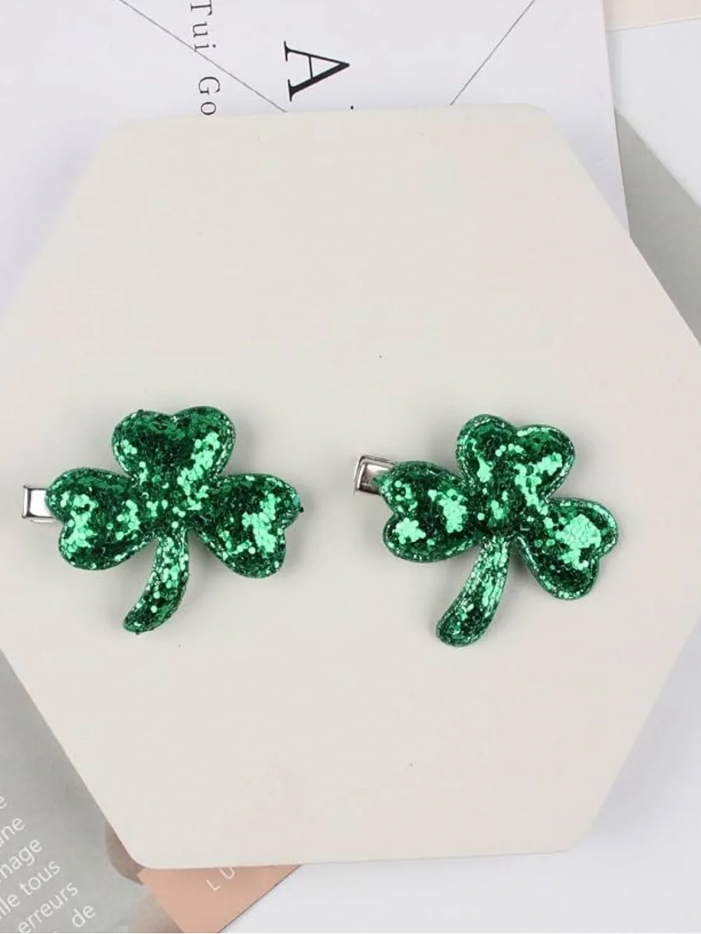 Green Glitter Shamrock Hair Clips - Set of 2